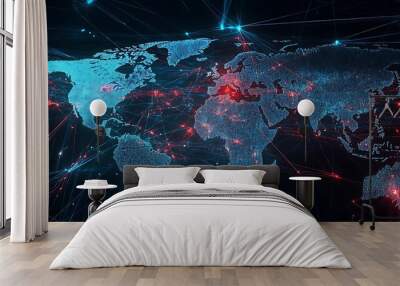 Digital map showing global cyber attack patterns with lines connecting different parts of the world. Wall mural