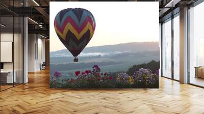 A hot air balloon flying over a scenic landscape, such as a mountain range or a field of flowers, with a white background. Copy space.  Wall mural