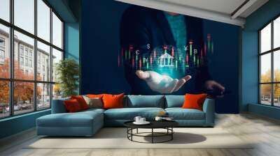 investor or trader is showing  virtual holographic stock chart on hand to analyze stock market Plan investment in global trading, financial business ideas,stock market,mutual fund, bond,digital asset Wall mural