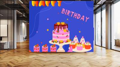 Illustration dedicated to the happy birthday day with candles and cake  Wall mural