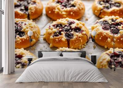 Yeast sweet rolls with the addition of blueberries and butter crumble close up view.  Traditional kolaches Wall mural