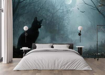 A black cat sits silently in a misty forest under a full moon, creating an eerie and mysterious atmosphere. Wall mural