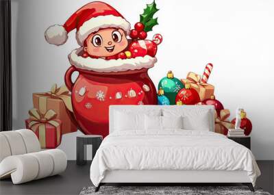 A cheerful holiday illustration featuring a smiling character in a festive pot surrounded by colorful ornaments and presents. Wall mural