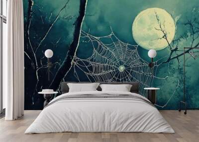 A haunting scene of a spider web illuminated by a full moon, surrounded by eerie branches in a misty forest. Wall mural