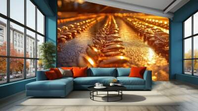 A stunning close-up of golden coins arranged in a row, illuminated by soft sunlight, creating a warm and inviting atmosphere. Wall mural