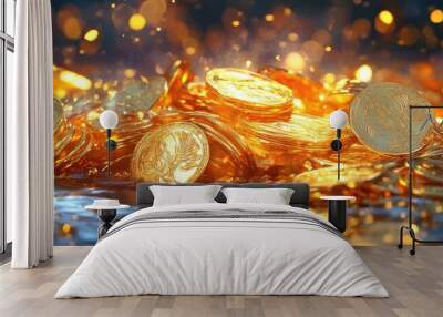 A stunning display of golden coins glimmering in dazzling light, symbolizing wealth and prosperity against a shimmering background. Wall mural