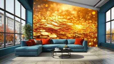 A stunning display of golden coins sparkling amidst a magical glow, creating a rich and luxurious atmosphere. Wall mural