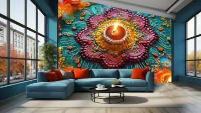 A vibrant and colorful mandala design adorned with traditional lamps, perfect for festivals and celebrations. Wall mural