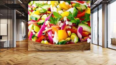 A vibrant and colorful salad with fresh vegetables including tomatoes, corn, cucumber, and herbs served in a wooden bowl on a rustic wooden table. Wall mural