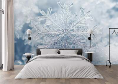 Close-up of a delicate snowflake resting on soft, white snow, showcasing intricate patterns and the beauty of winter. Wall mural