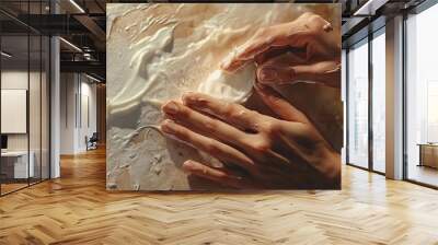 Close-up of hands shaping and molding a smooth textured surface with cream, showcasing artistry and creativity. Wall mural