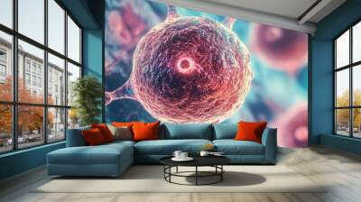 Close-up view of vibrant cells under a microscope, showcasing intricate structures and colors, perfect for scientific themes. Wall mural