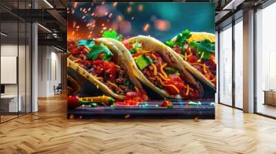 Delicious tacos filled with fresh ingredients, vibrant colors, and a fiery backdrop, perfect for culinary and food themes. Wall mural