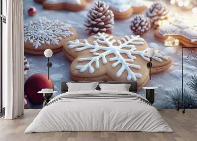 Deliciously decorated cookies in festive shapes, perfect for holiday celebrations and winter gatherings, surrounded by seasonal decor. Wall mural