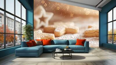 Deliciously decorated star-shaped cookies dusted with flour, perfect for festive baking and holiday celebrations. Wall mural