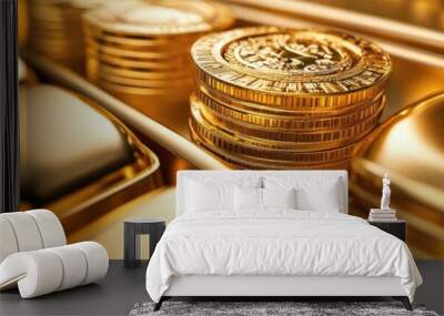 Shiny gold bars and coins arranged elegantly, representing wealth, investment, and luxury in a captivating display. Wall mural