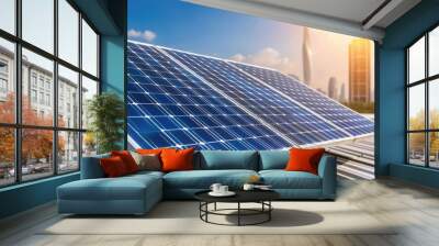 Solar panel installation with city skyline in background during sunset. Wall mural