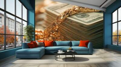 Stacks of cash surrounded by a golden chain, symbolizing wealth and luxury. Perfect for finance and investment themes. Wall mural