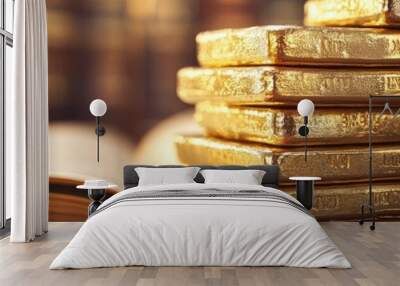 Stacks of gold bars resting on an open book, symbolizing wealth, knowledge, and success in financial ventures. Wall mural