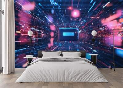 Vibrant abstract representation of data flow, showcasing technology and innovation with colorful light trails and geometric shapes. Wall mural