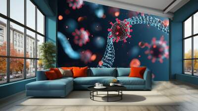 Virus structure represented with DNA strands on a dark background, scientific illustration. Wall mural