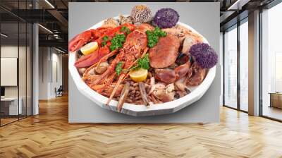 Big seafood platter on gradient background. View in perspective from above Wall mural