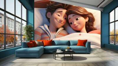 Generative ai illustration of 3d cartoon couple sleeping together Wall mural