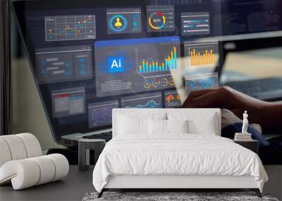 AI (Artificial Intelligence). Businessman working on laptop connect to technology AI for working tools. Use command prompt to generate ideas and Chat bot Chat with AI.data analysis using AI technology Wall mural