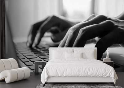 Black and white colour.Close up fingers typing on the computer keyboard,pressing buttons, typing, Wall mural