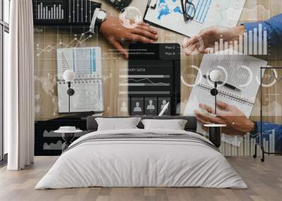 Business teamwork discussion and strategy on virtual screen. analyzing financial graph, stock market report, economic graph growth chart.Data analysis.futuristic technology for business development. Wall mural