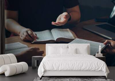 Christian Bible Study Concepts. Christian friend's groups read and study the bible together in a home with window light. followers are studying the word of God in churches. Wall mural