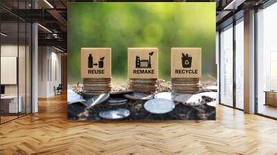 Circular economy concept. REMAKE and RECYCLE written on wooden blocks  Sustainable strategy approach to eliminate waste and pollution for future growth of business and environment, Wall mural