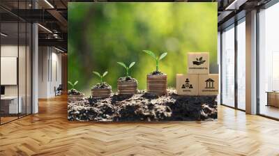 esg concept of environmental, social, and governance.esg icon on a woodblock with small tree on stac Wall mural