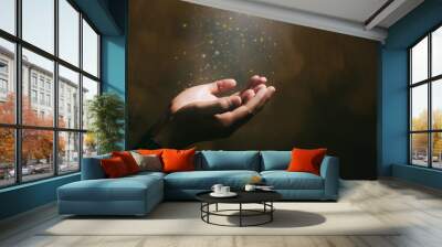 Human hands open palm up worship with faith in religion and belief in God on blessing background.Christian Religion concept background. Wall mural