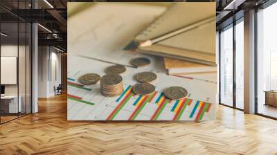 Summary report and financial analyzing concept and notebook with thailand coin on paperwork Wall mural