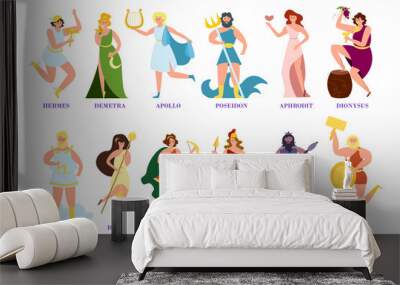 Ancient Greek gods and goddesses cartoon illustration collection. Zeus, Poseidon, Athena, Dionysus, Aphrodite, Demetra characters isolated on white background. Archeology, mythology, history concept Wall mural