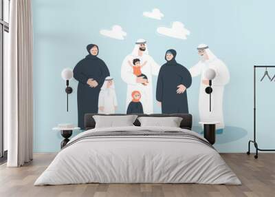 Arab family in muslim dresses. Arabian happy female and male characters in traditional islamic clothes standing together flat vector illustration. National culture of Saudi Arabia, family concept Wall mural