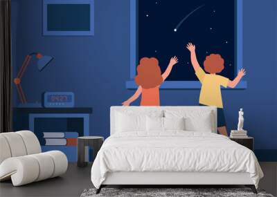 Back view of children watching night sky with falling star. Cosmos, wish, dream flat vector illustration. Childhood and fun concept for banner, website design or landing web page Wall mural