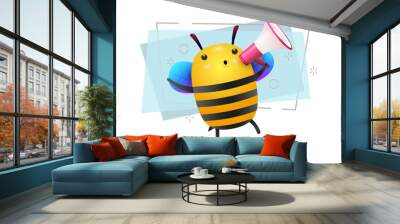 Bee with megaphone illustration. Blue wings, cute bee. Cartoon character concept. Vector illustration can be used for topics like kids, cartoons, advertisement Wall mural