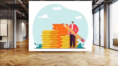 Business person with pencil standing next to stacks of coins. Financial manager planning budget flat vector illustration. Finances, investment, management concept for banner or landing web page Wall mural