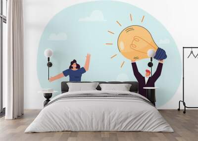 Businessman with creative idea holding bright light bulb. Tiny man and woman with business plan flat vector illustration. Eureka, success startup concept for banner, website design or landing web page Wall mural