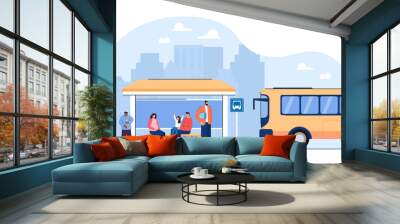 Cartoon people waiting for public transport at bus stop. Passengers before getting into vehicle flat vector illustration. Transportation concept for banner, website design or landing web page Wall mural