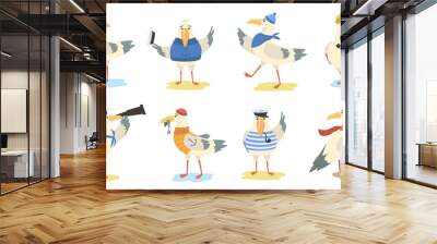 Cartoon seagull set. Different actions of bird wearing sailor costumes and hats. Vector illustration for cartoon gull, marine character, sailing, travel concept Wall mural