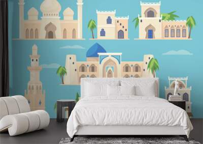 Cartoon set of different Arabic buildings in traditional style. Flat vector illustration. Islamic heritage, old African or Indian castles. Arabic, ancient architecture, Taj Mahal, bazaar concept Wall mural