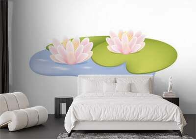 Colorful water lily 3d vector illustration. White flowers or lotuses on pond in garden or wild in cartoon style isolated on white background. Plants, nature, home interior concept Wall mural