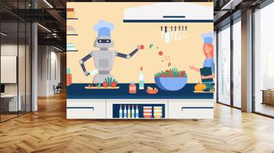 Comic robot chef cooking salad in kitchen vector illustration. Cartoon drawing of robotic cook making meal according to recipe, happy programmer. Artificial intelligence, programming, cooking concept Wall mural