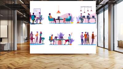 corporate discussion illustration set. colleagues meeting at table, discussing project at workplaces Wall mural