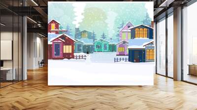 country scene with cottages and fir-trees vector illustration Wall mural