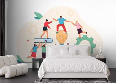 Coworkers supporting each other at work vector illustration. People working together, holding books and lightbulb, helping team leader climb higher. Teamwork, collaboration, business concept Wall mural