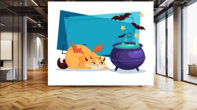 Cunning cat character in devils horns and wings near cauldron with potion vector illustration. Flying bats on background. Halloween, pet, party, magic concept. Can be used for banner or poster design Wall mural